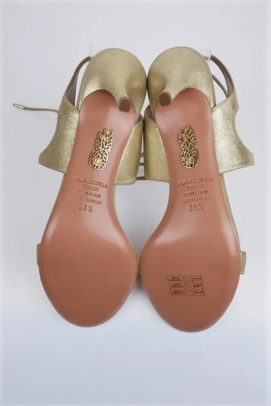 Aquazzura Sandals Colette Gold Metallic Suede Size 38.5 Ankle-Tie Heel NEW