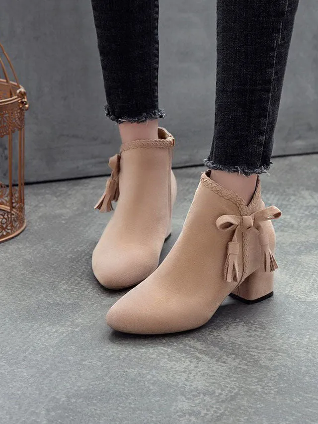 Autumn and Winter Bow Thick with Ankle Boots Female High-heeled Pointed Martin Boots Women's Suede Shoes