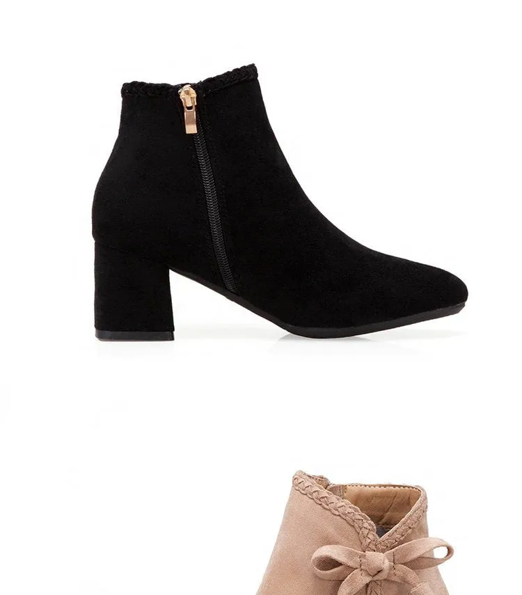 Autumn and Winter Bow Thick with Ankle Boots Female High-heeled Pointed Martin Boots Women's Suede Shoes