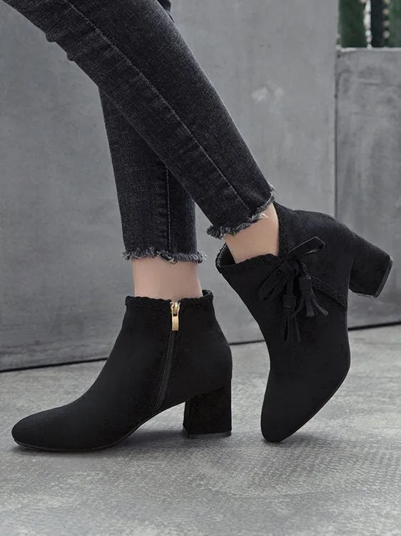 Autumn and Winter Bow Thick with Ankle Boots Female High-heeled Pointed Martin Boots Women's Suede Shoes