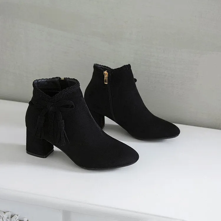 Autumn and Winter Bow Thick with Ankle Boots Female High-heeled Pointed Martin Boots Women's Suede Shoes