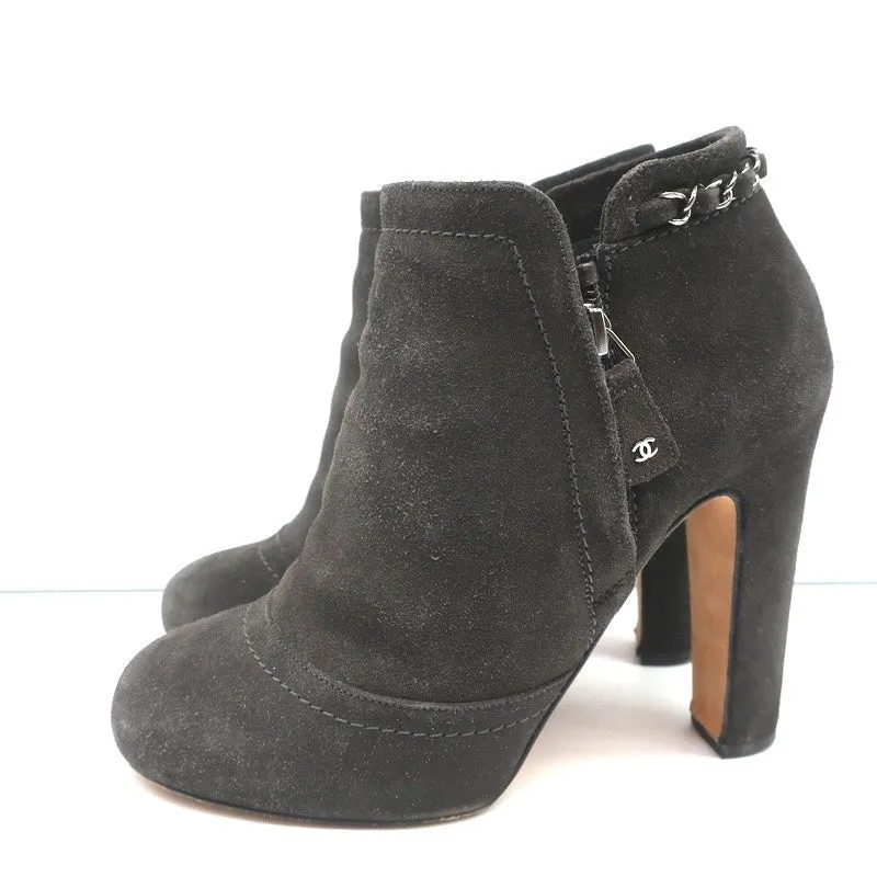 Chanel Chain-Trim Ankle Boots Dark Gray Glitter Suede Size 37 High Heel Booties