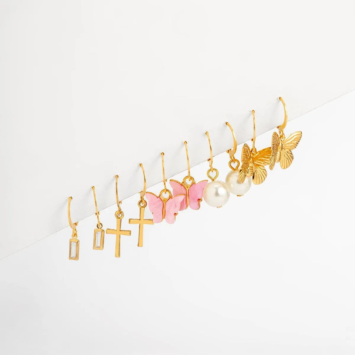 Chic 5 Pairs Butterfly Cross Pearl Dangle Earrings Set