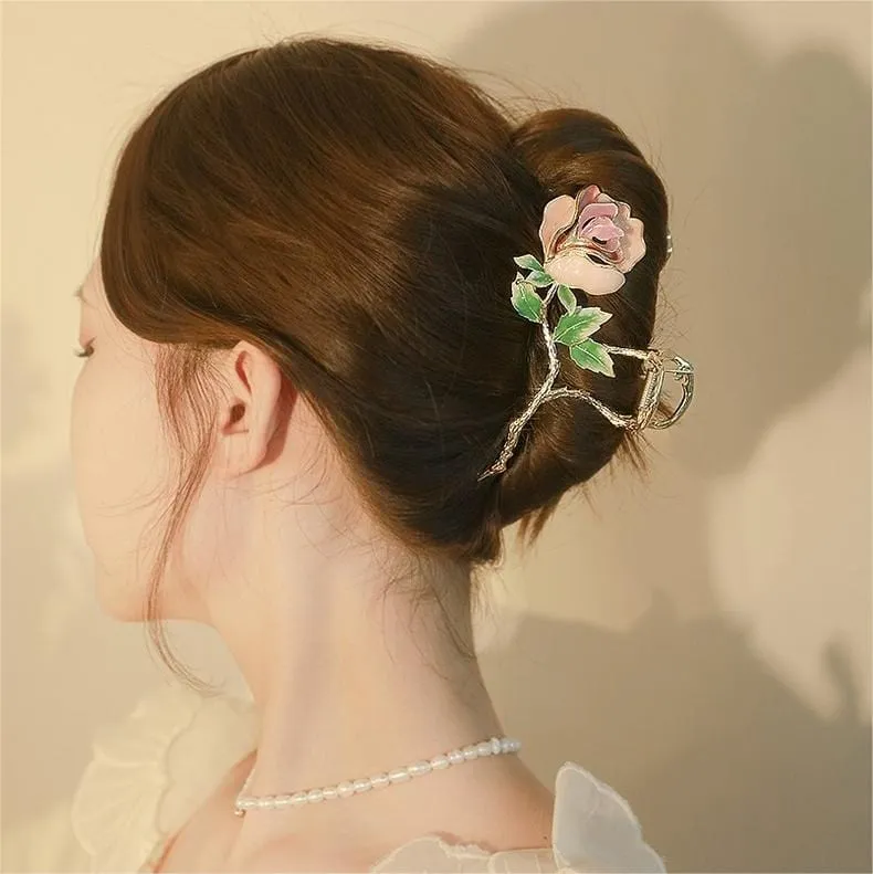 Chic Enamel Pink Rose Chignon Claw Clip Hair Clip