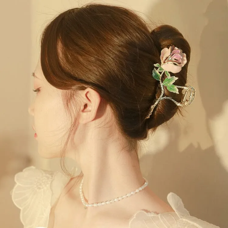 Chic Enamel Pink Rose Chignon Claw Clip Hair Clip