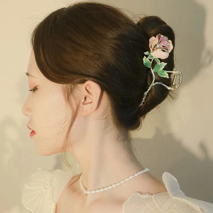 Chic Enamel Pink Rose Chignon Claw Clip Hair Clip