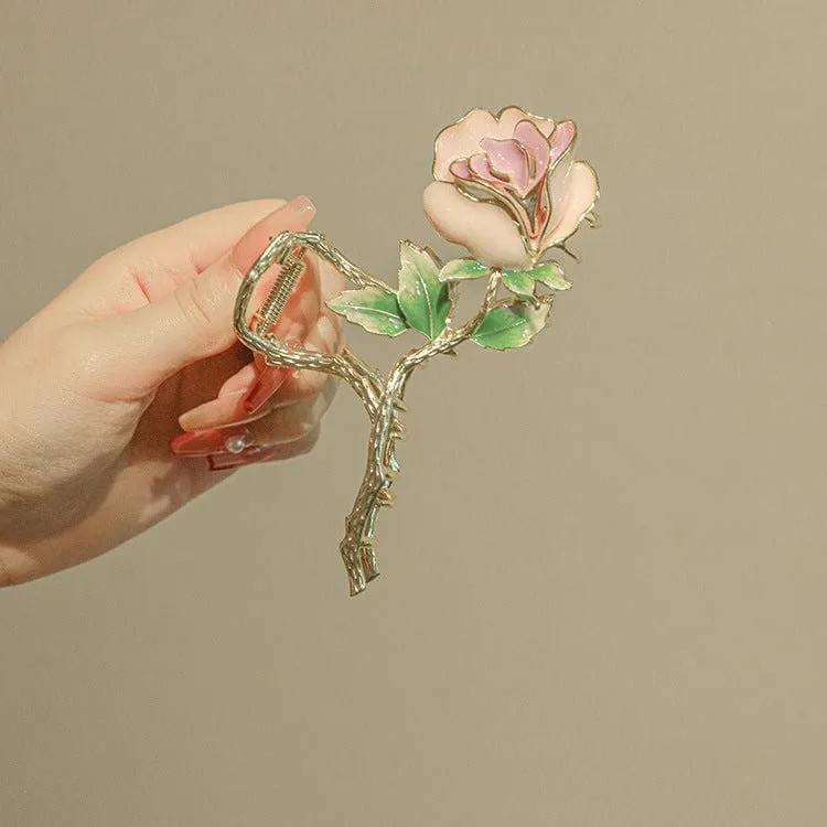 Chic Enamel Pink Rose Chignon Claw Clip Hair Clip