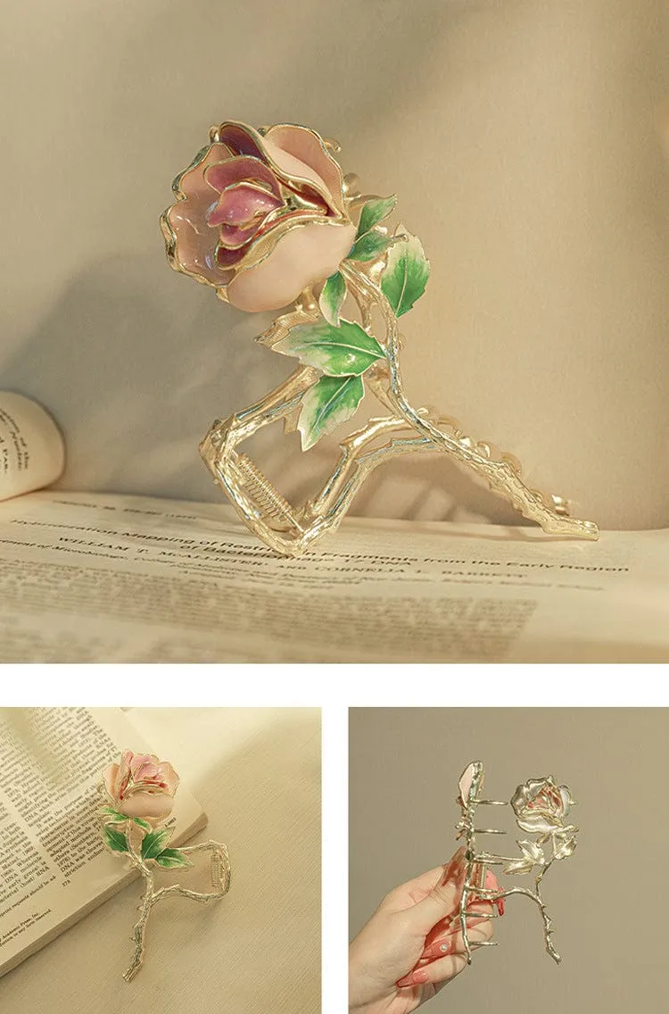 Chic Enamel Pink Rose Chignon Claw Clip Hair Clip