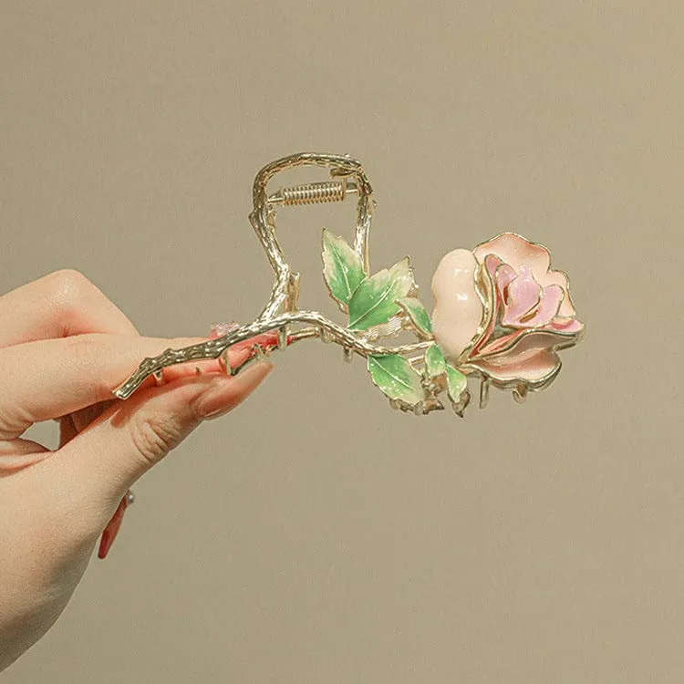 Chic Enamel Pink Rose Chignon Claw Clip Hair Clip