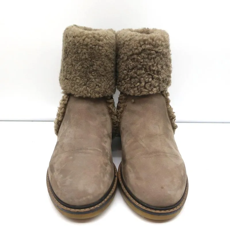 Fendi Foldover Shearling Ankle Boots Taupe Suede Size 37.5 Flat Booties