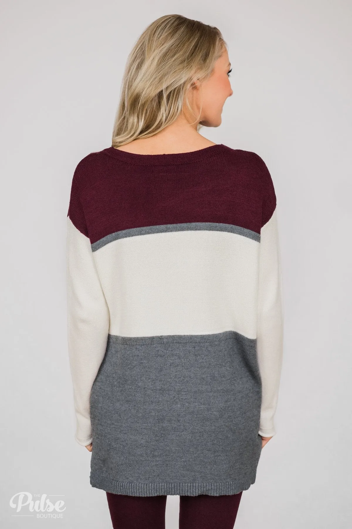 Keeping It Cozy Color Block Sweater- Eggplant, Ivory, Grey