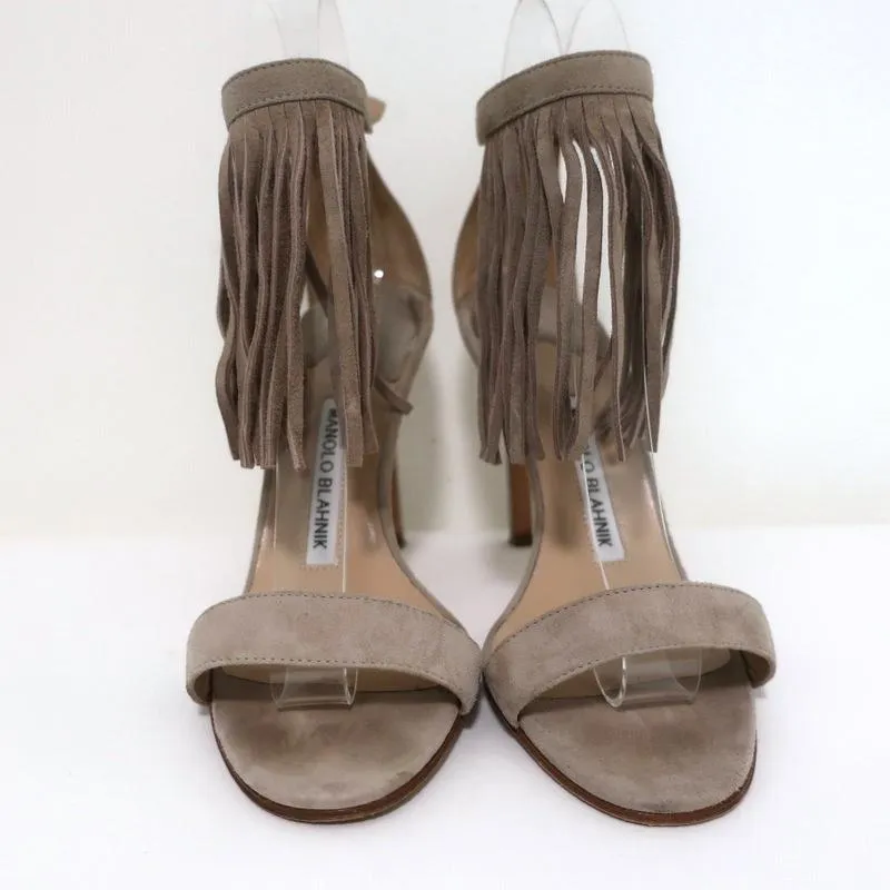 Manolo Blahnik Chaos Fringe Sandals Taupe Suede Size 36 Open Toe Heels