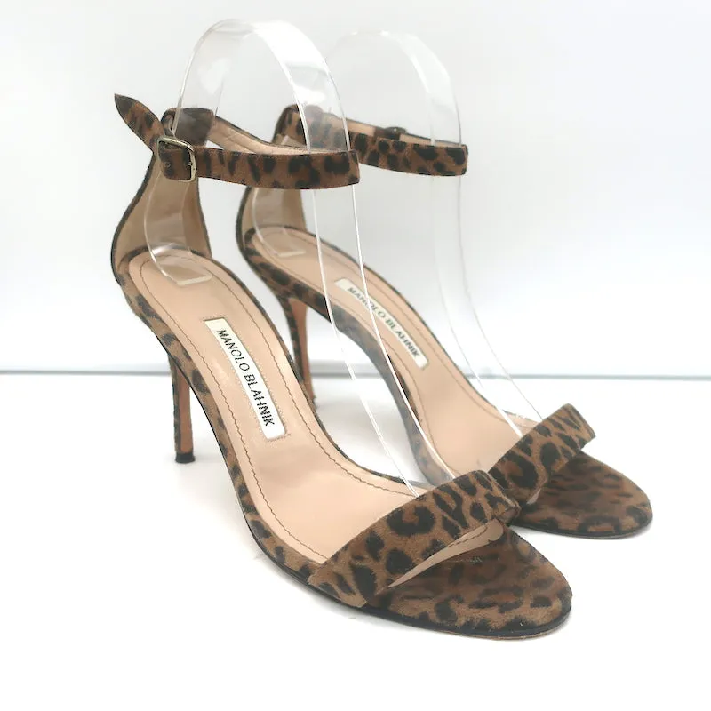 Manolo Blahnik Chaos Sandals Brown Leopard Print Suede Size 38 Ankle Strap Heels