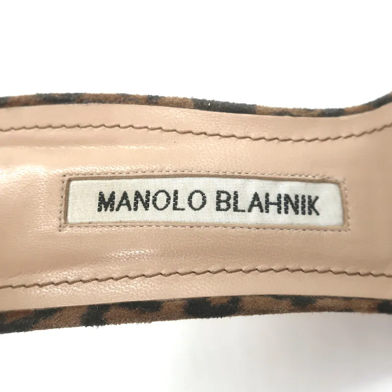 Manolo Blahnik Chaos Sandals Brown Leopard Print Suede Size 38 Ankle Strap Heels